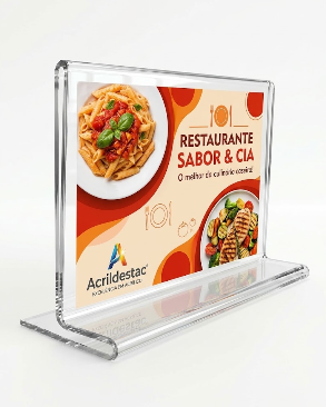 Display de PS Cristal acrilico similar T invertido para balcão mesa restaurante A6 10x15 Horizontal