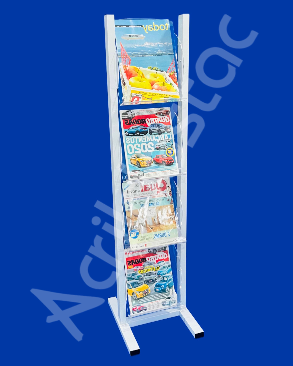 Expositor Acrilico de chão 4 Bolsos 1,20mt Alt Base Aluminio Branco Porta Revista e Folhetos
